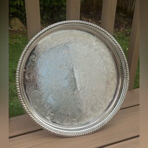 15" Round Silver Plated Tray Scrolled Floral Chasing Pierced Gallery Rope Edge